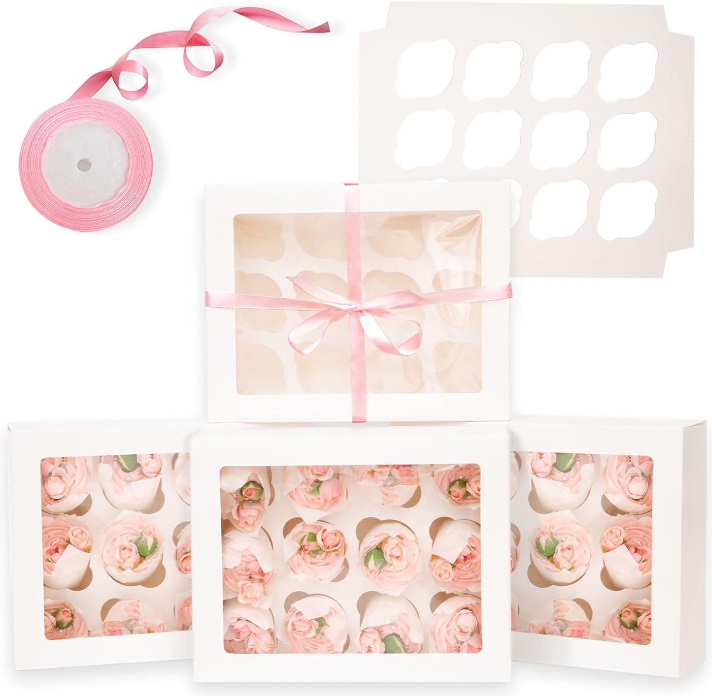 12 Cupcake Containers 20-Packs White Cupcake Box Cupcakes Carrier, 12 Cupcake Boxes with Window 13"x10"x3.5"（Auto-pop up）