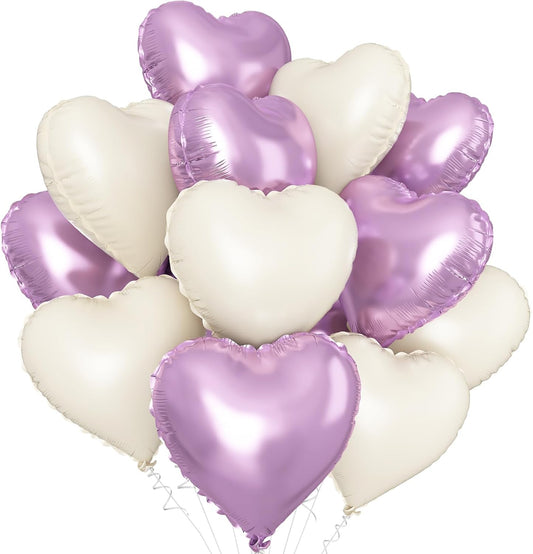 Purple Cream White Heart Balloons,12Pcs 18Inch Cream Purple Sand White Heart Shaped Foil Helium Balloons for Baby Shower Birthday Anniversary Wedding Engagement Party Decorations