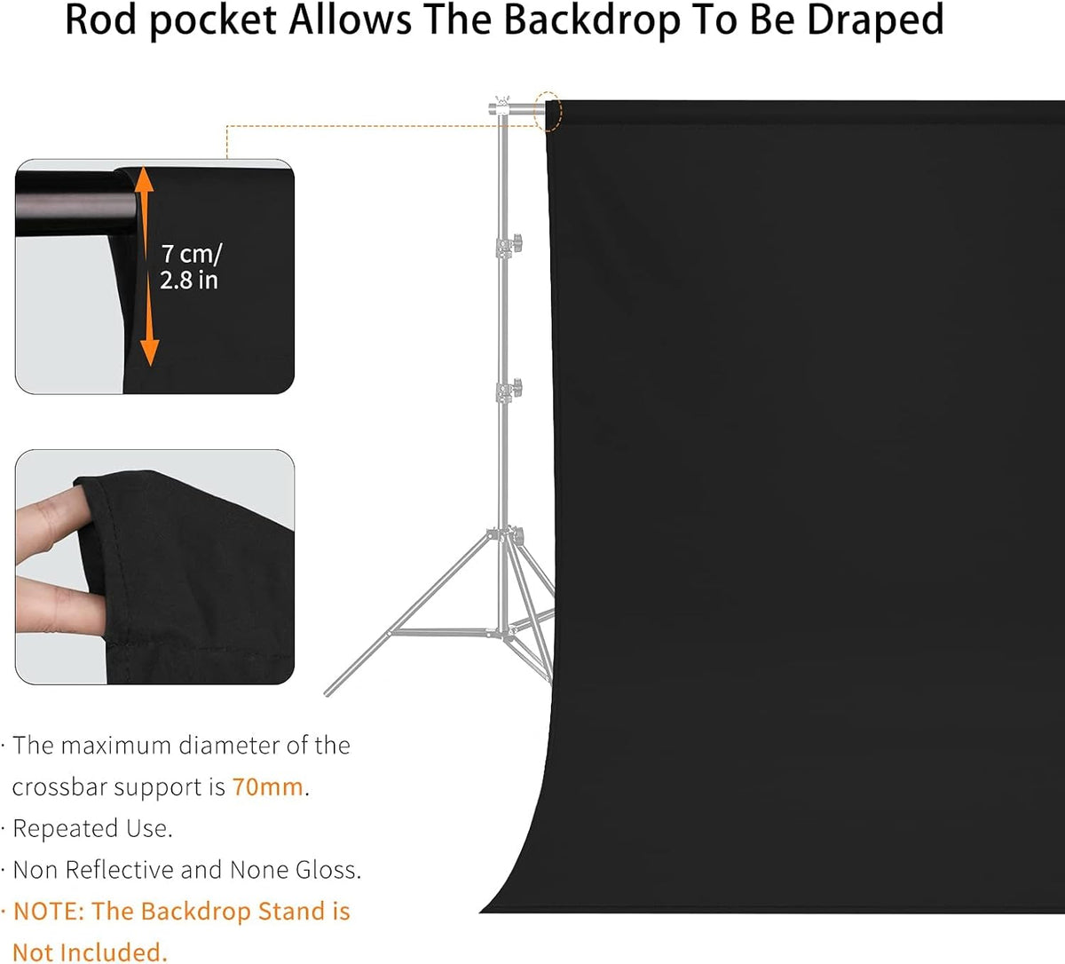 8X10 FT Black Backdrop, 100% Polyester Photography Background Curtain Screen, Foldable Black Screen Washable for Professional Photoshoot Portraits Party Video Studio