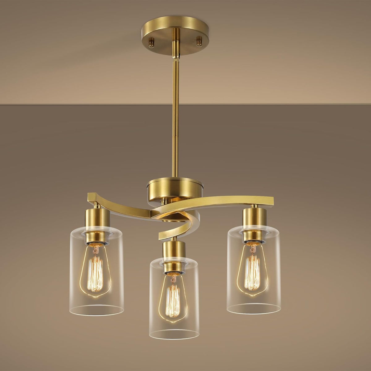 3-Light Gold Dining Room Chandeliers Over Table, Contemporary Kitchen Island Pendant Lighting, Industrial Hanging Light Fixture for Entryway Hallway Foyer Bedroom, Clear Glass Shade
