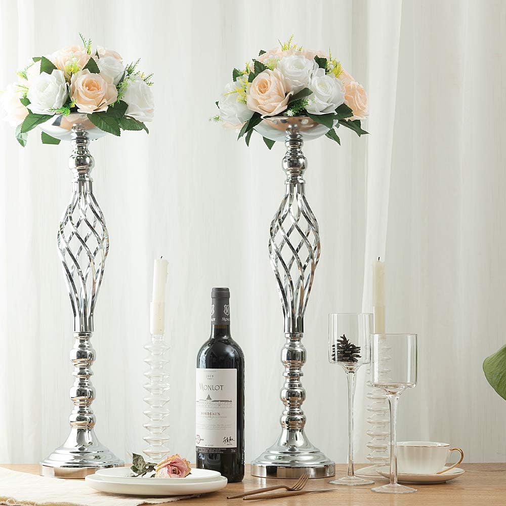 LANLONG 2pcs Metal Silver Candle Holders Road Lead Table Centerpiece Stand Pillar Candlestick for Wedding Candelabra Flowers Vases