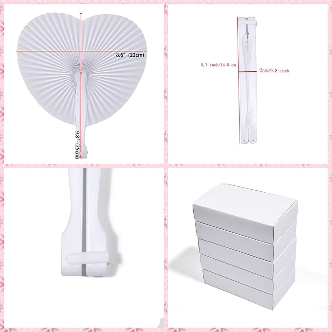 100 Pcs White Heart Paper Fans | Foldable Handheld Fans - Image 2