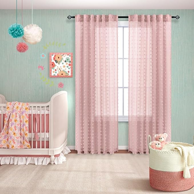 KOUFALL Blush Pink Curtains for Girls Room Baby Nursery Girl, Sheer Boho Pom - Image 4