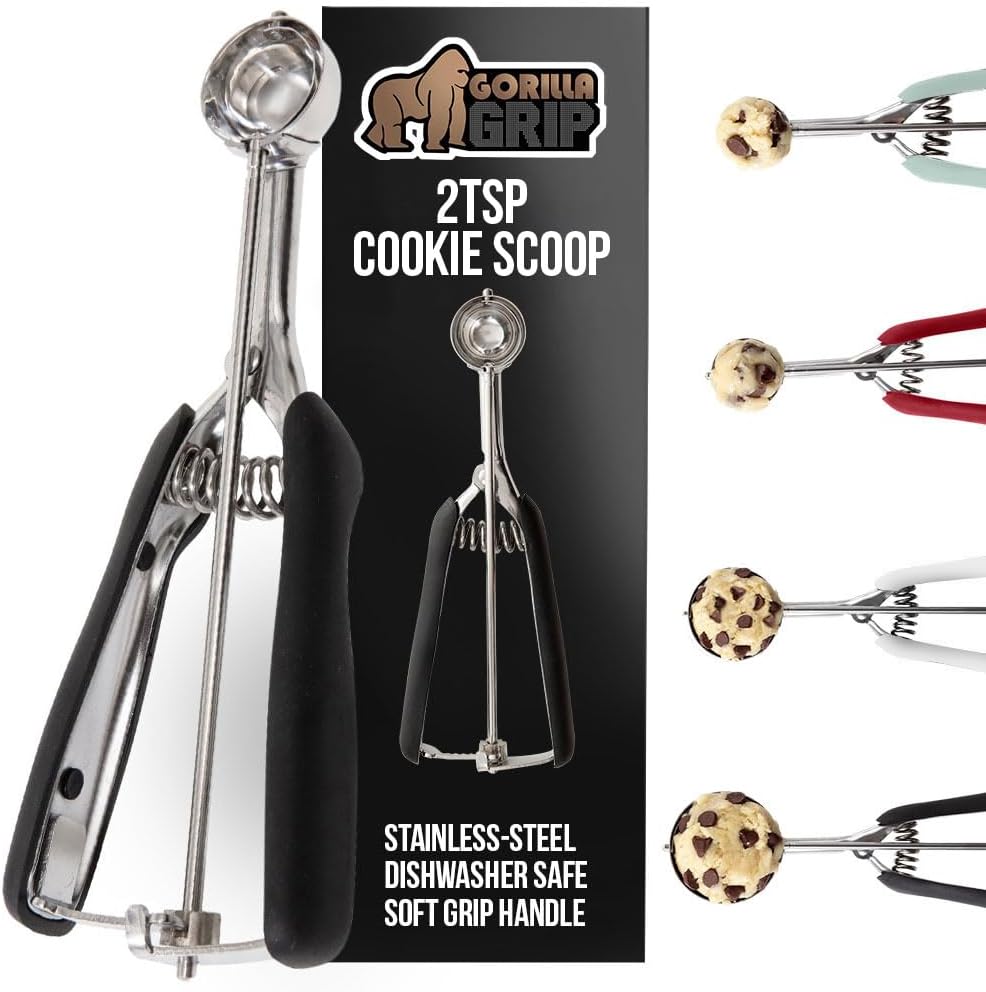 GORILLA GRIP Stainless Steel Cookie Scoop for Baking, 2 TSP, Multipurpose Melon Baller, Meatball Spring Scoops, Perfect Portion Sizes, Easy Food Release, Scooper Size 100, BPA-Free Kitchen Tool, Black