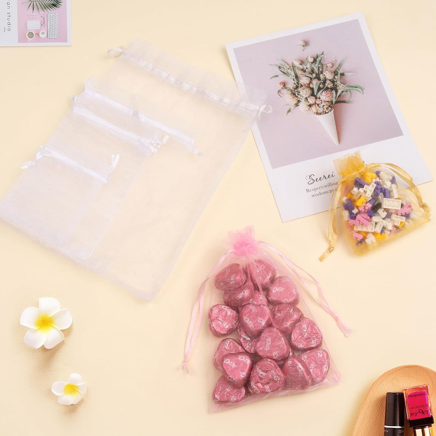 50 Pcs Orange Organza Bags 5x7 Inch, Small Mesh Drawstring Bags Organza Gift Bags Candy Bags Favor Bags for Birthday Party Halloween