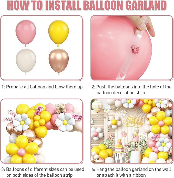 Daisy Balloon Garland Arch Kit, Retro Yellow Pink White Gold Hippie Boho - Image 6