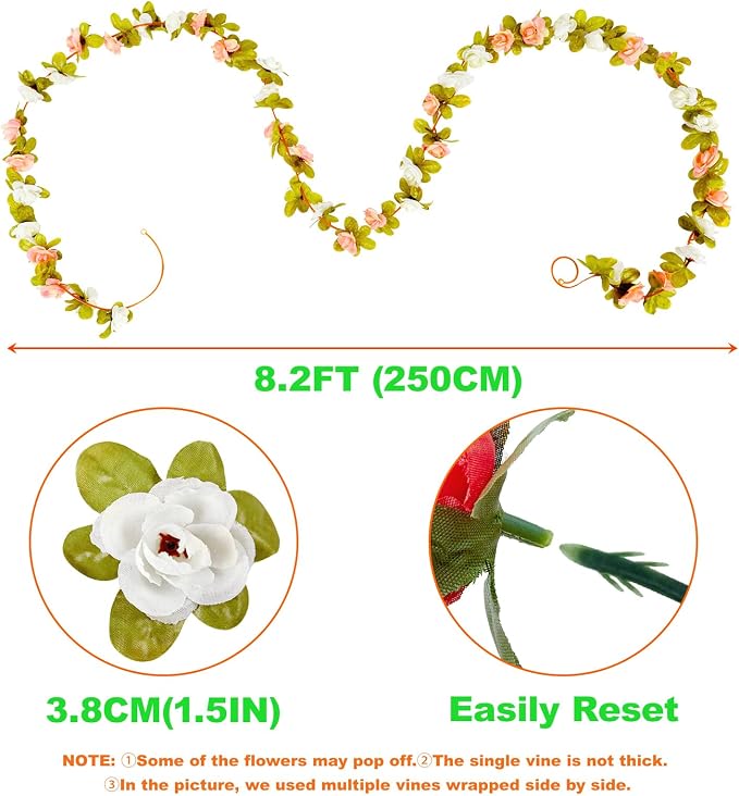 Artificial Flower Garland 8pcs 8.2ft Rose Vine Decor, Fall Champagne Flower | - Image 7