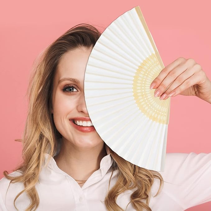 FEPITO 20 Pieces White Handheld Paper Fan | Paper Folding Fans - Image 6
