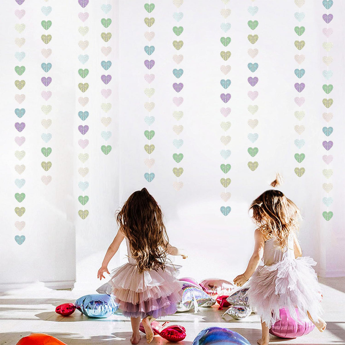 Iridescent Disco-Holographic Party-Decorations Heart Streamers-Garland - 52ft Glitter Dance Hanging Paper Banner, Wedding Bachelorette Birthday Euphoria Galentines Decor Hugfond