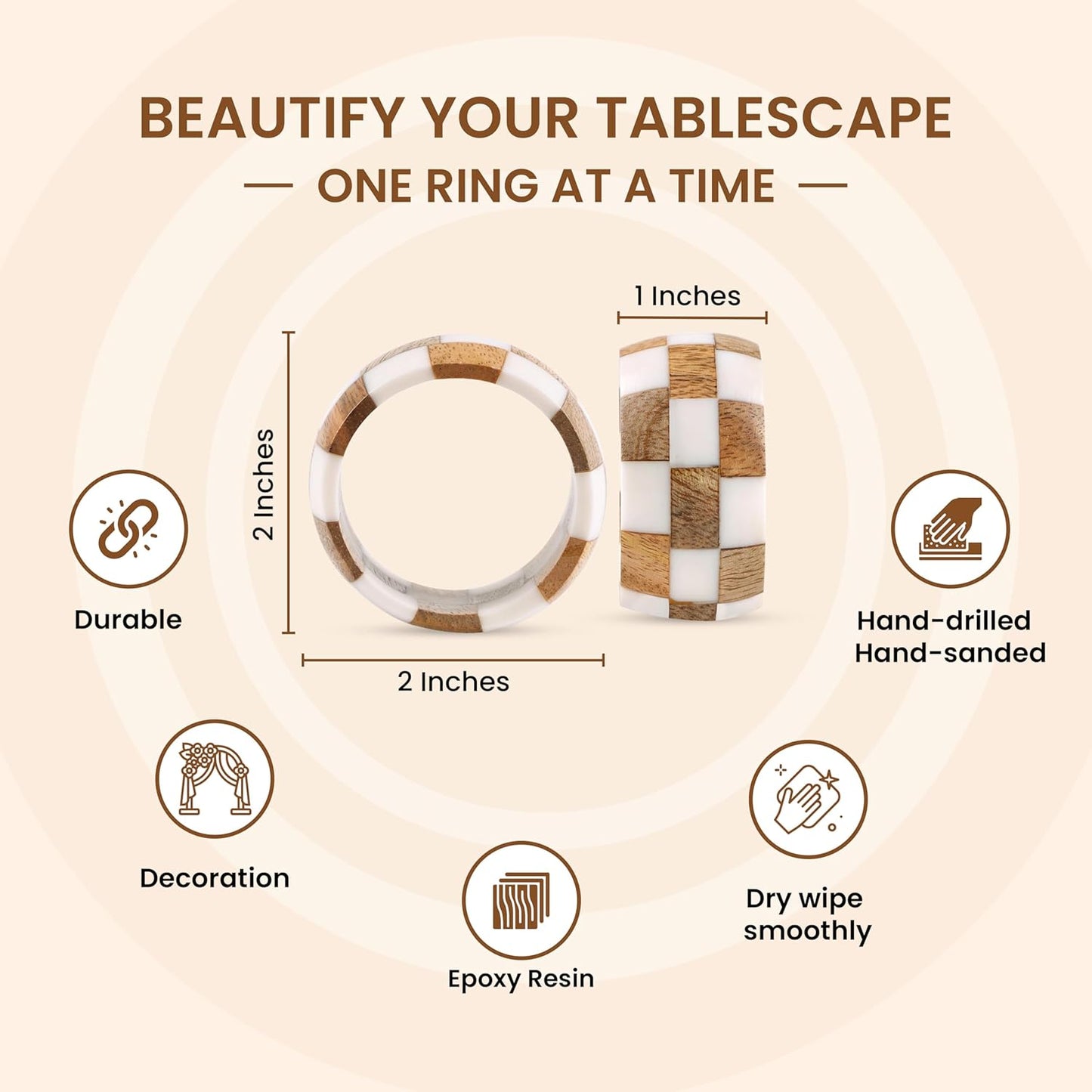 Rustic Napkin Rings Setof 12 - Handmade Epoxy & Wood Napkin Holders for Table Decor, Wedding, Easter, Thanksgiving, Party & Dining – Modern Farmhouse Accessories (Brown Cream) - ALPHA Living HOME