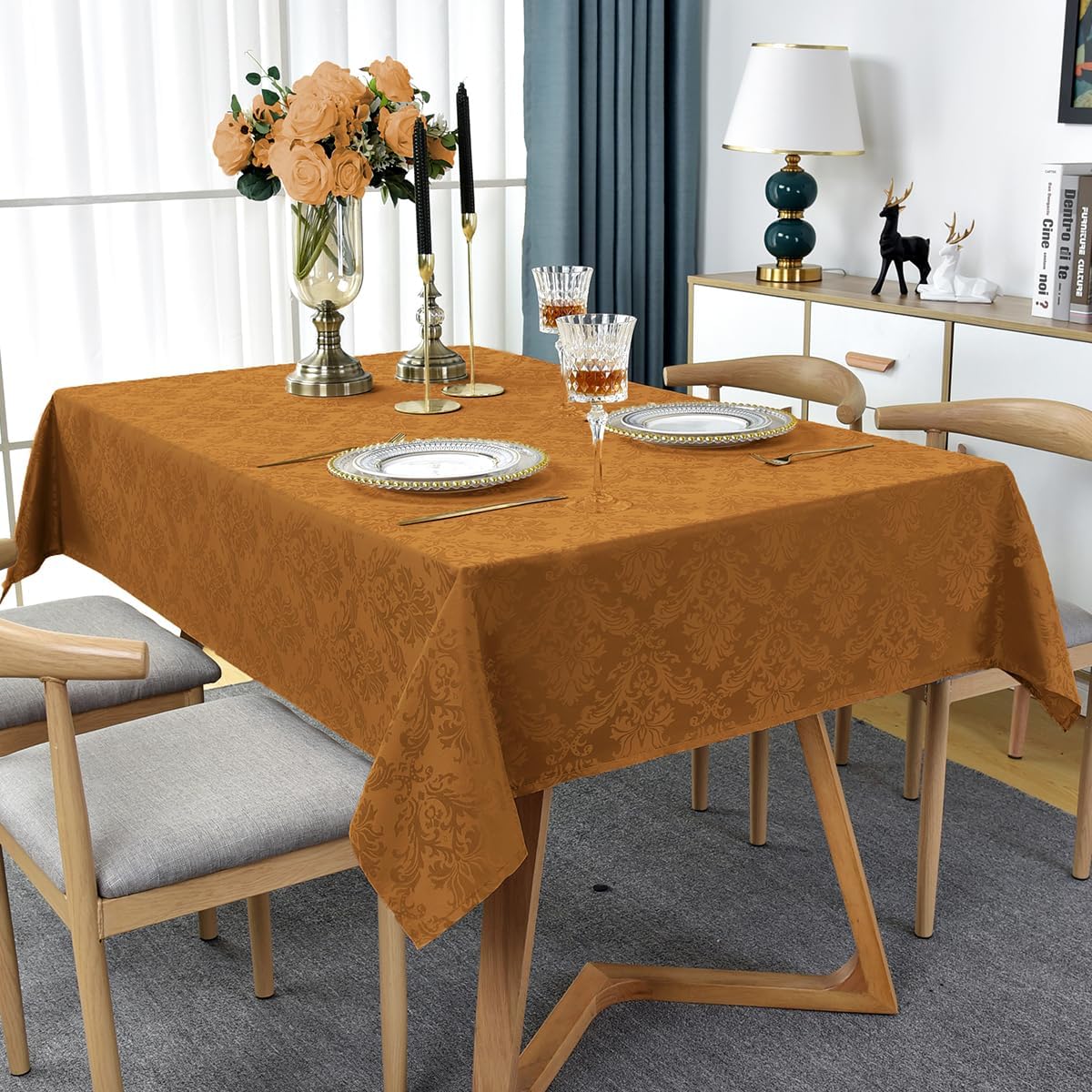 SASTYBALE Fall Tablecloth Rectangle 52 x 70 Inch Waterproof Wrinkle Free Autumn Jacquard Damask Table Cloth, Reusable Fabric Table Cover for Thanksgiving, Harvest, Holiday, Brown/Amber