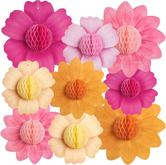 SUNBEAUTY 9PCS Hot Pink and Orange Party Decorations Paper Flowers Honeycomb by SUNBEAUTY