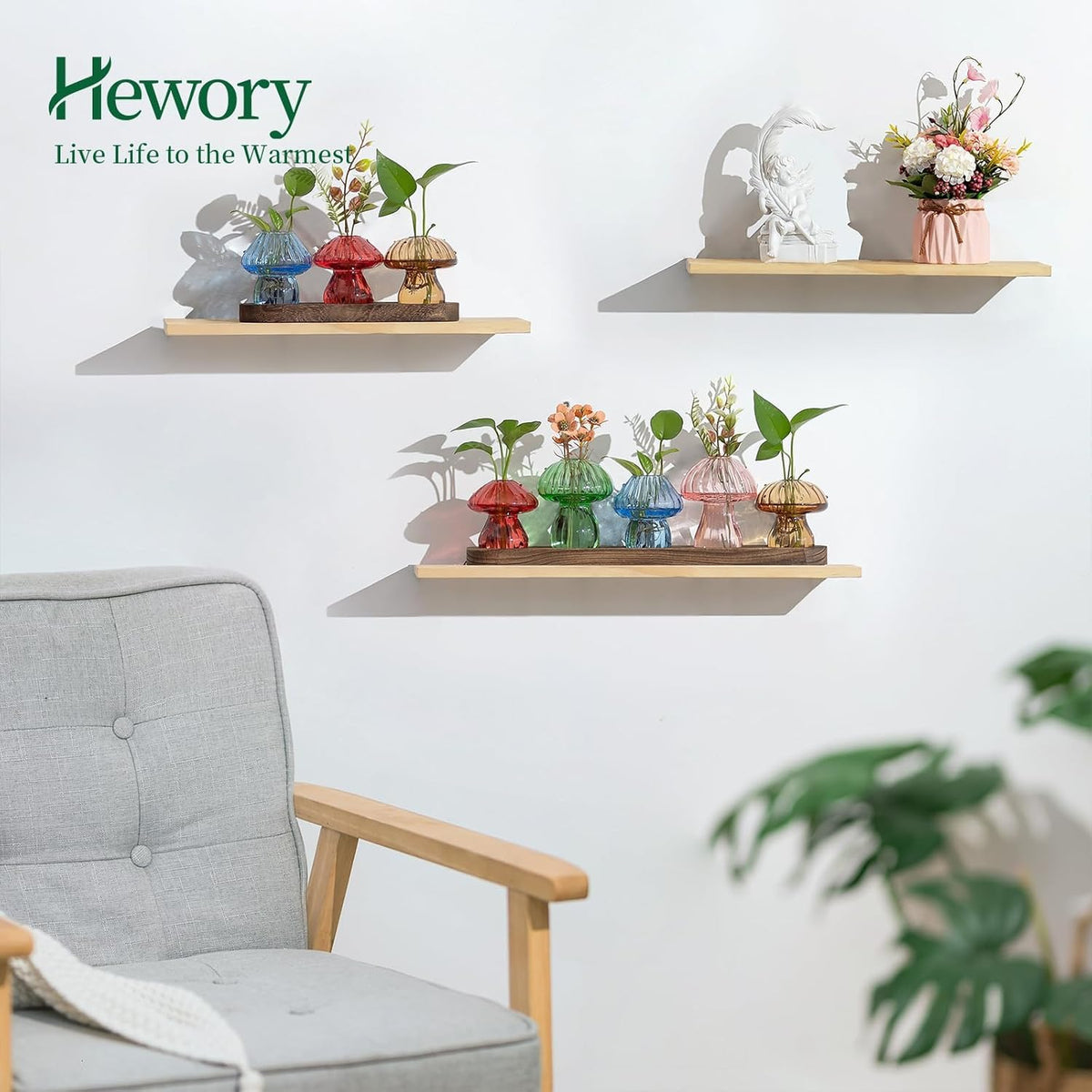 Glass Propagation Station for Plant: Mushroom Planter with Wooden Stand for Home Office Decor - Unique Propagation Jars for Plant Lovers - Set of 3 Hydroponic Mushroom Vases Gift for Mom