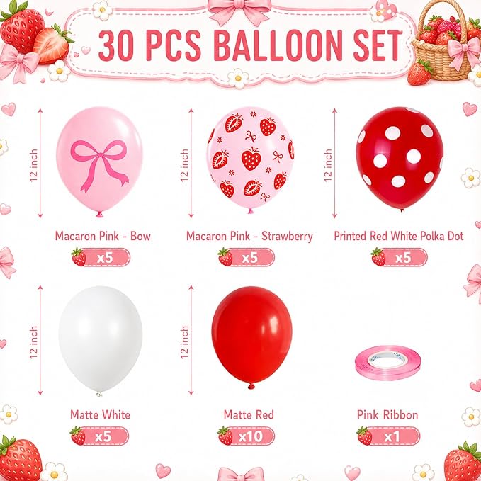 Strawberry Balloons, 12 Inch Red Pink Strawberry Printed Balloon - Image 2
