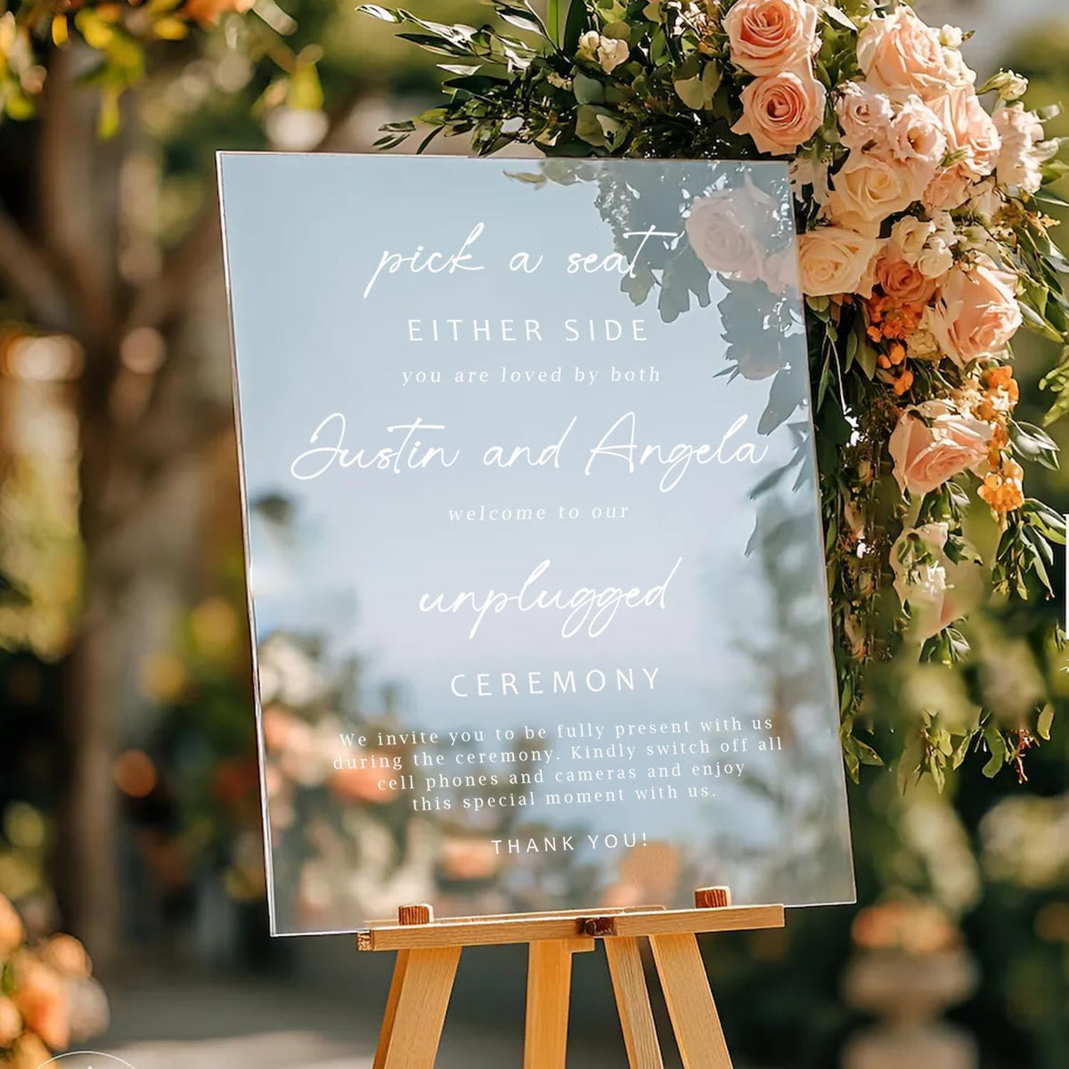 Minimalist Pick a Seat & Unplugged Wedding Sign – Custom Outdoor Yard Sign – Black and White Script Design