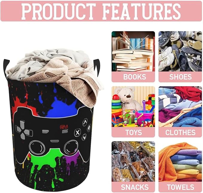 38l Round Laundry Hamper Game Joystick Storage Basket Waterproof Coating - Image 5
