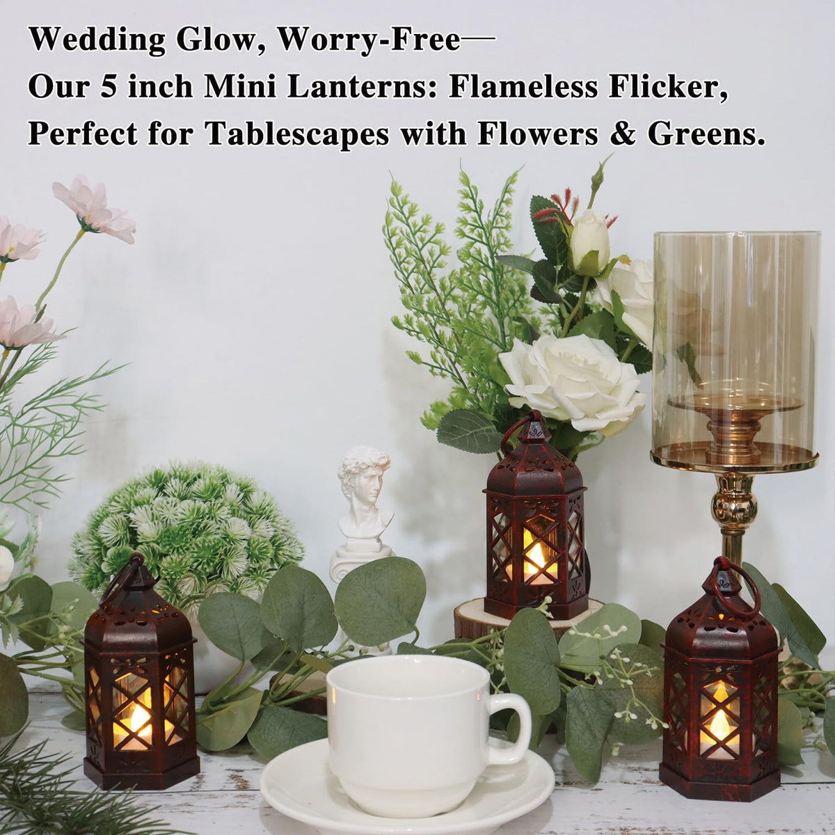 LLQ 8Pack Mini Lantern Decorative for Halloween Christmas & Wedding, Small Vintage Moroccan Lantern with Flickering LED Candle for Table Centerpieces, Enchanted Forest Medieval Decor, Hanging Ornament