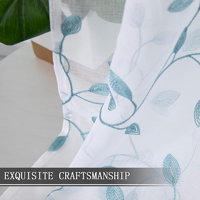 Tollpiz Leaves Sheer Tier Curtain Teal Blue Leaf Embroidery Kitchen Half - Image 6