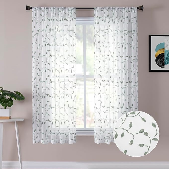Tollpiz Leaves Short Sheer Curtain Sage Green Leaf Embroidery Bedroom Curtains by Tollpiz