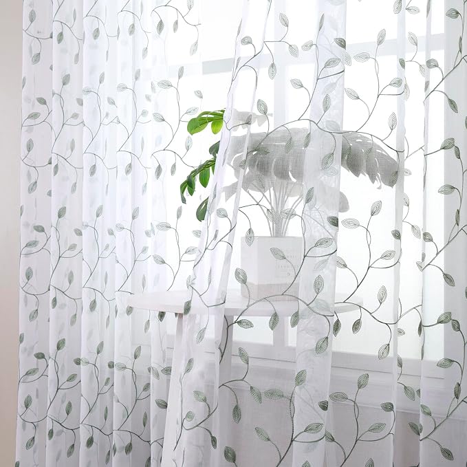 Tollpiz Leaves Sheer Curtain Sage Green Leaf Embroidery Bedroom Curtains Rod - Image 2