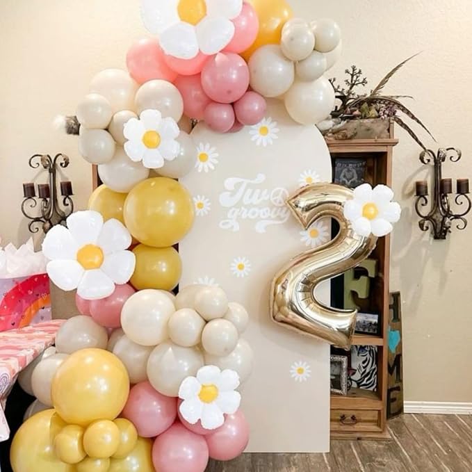 Daisy Balloon Garland Arch Kit, Retro Yellow Pink White Gold Hippie Boho - Image 3
