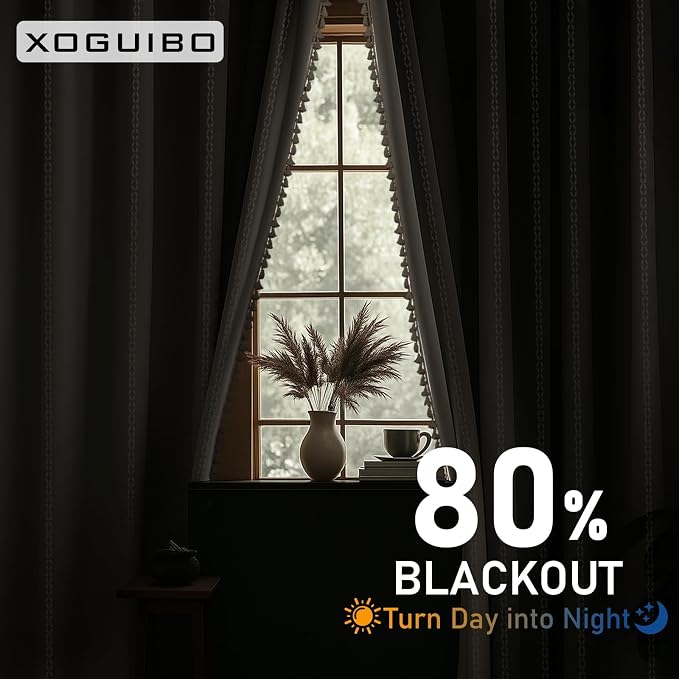 80% Boho Blackout Curtains 96 Inch Linen Blend Drapes 2 Panels | Vintage - Image 3