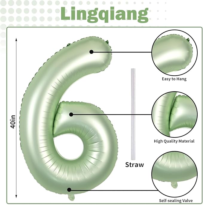 Sage Green Number 6 Balloons, 40 In Large Olive Green Number 6 Foil Helium - Image 2