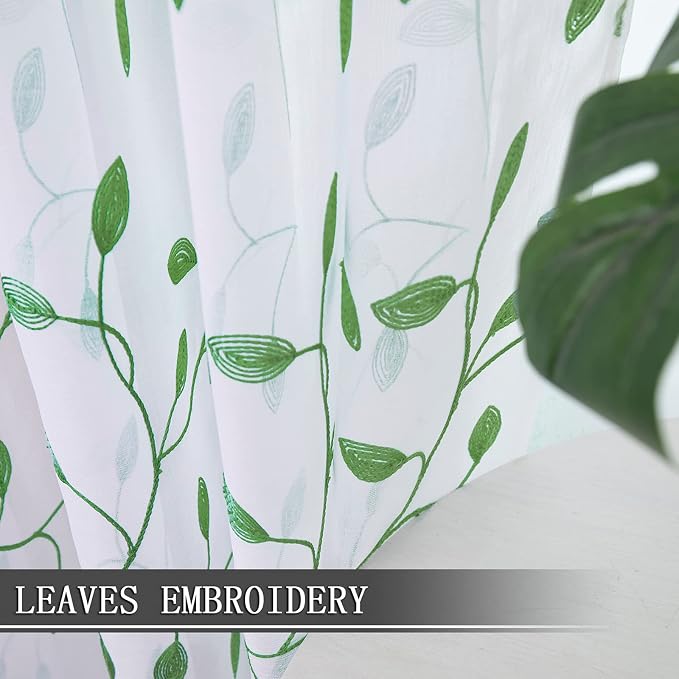 Tollpiz Leaves Sheer Curtains Green Leaf Embroidery Bedroom Curtain Rod Pocket - Image 3