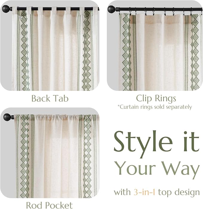 jinchan Floral Linen Curtains Embroidered Back Tab 50x63in 2 Panels Green | - Image 6