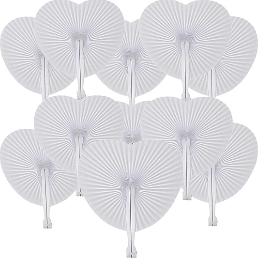 60 Pcs White Heart Paper Fans | Foldable Handheld Fans by Bestage
