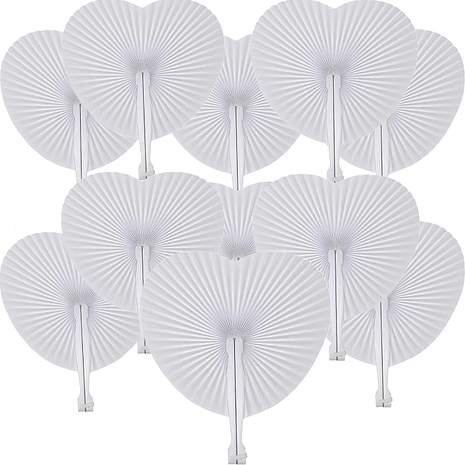 100 Pcs White Heart Paper Fans | Foldable Handheld Fans by Bestage