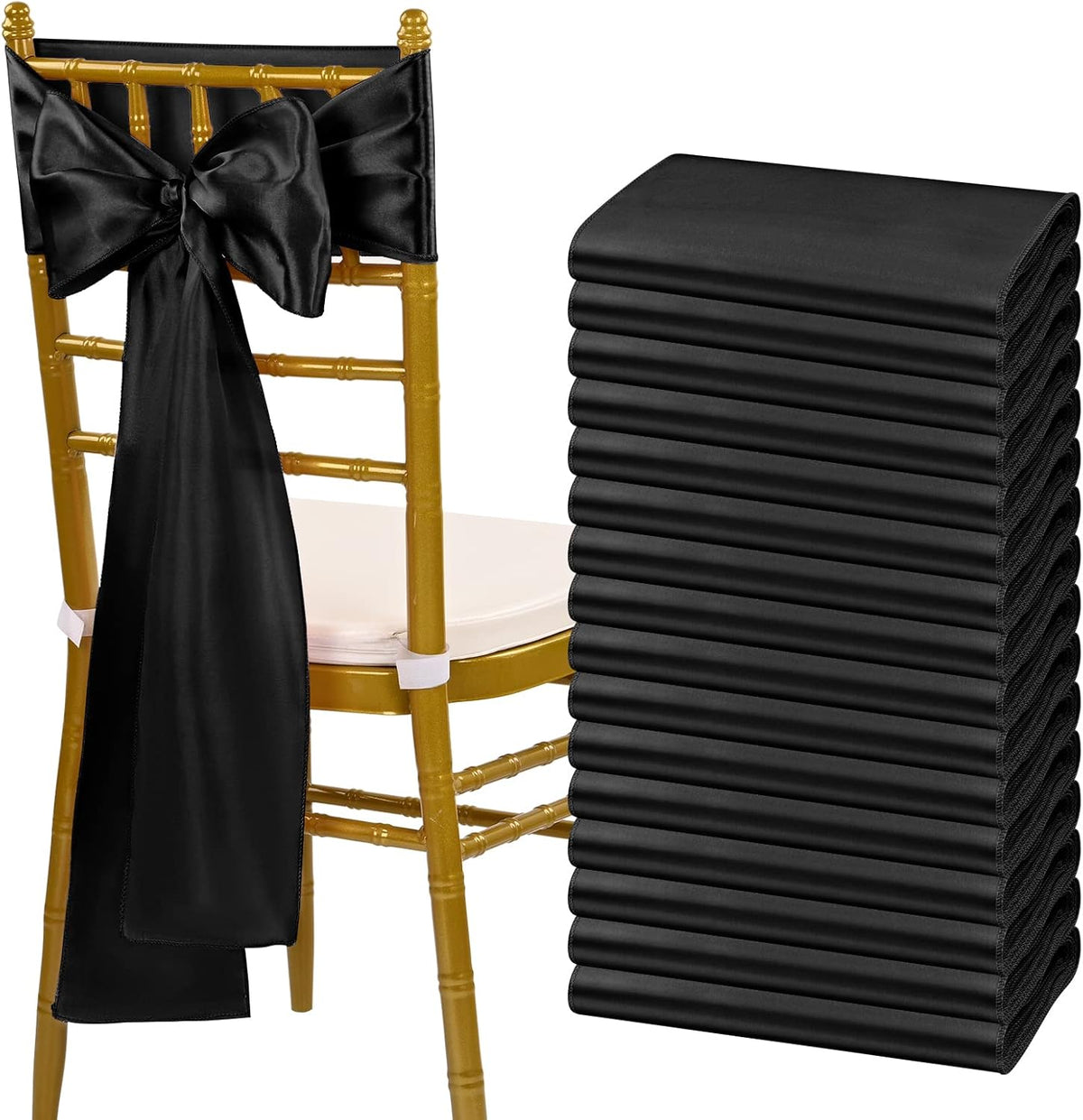 fani 60 PCS Black Satin Chair Sashes Bows Universal Chair Cover for Wedding Reception Restaurant Event Decoration Banquet,Party,Hotel Event Decorations (7 x 108 inch)