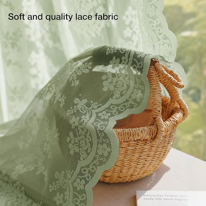 Anmao Vintage Sage Green Lace Curtains 54 Inches Long 2 Panels Sets, Romantic - Image 4