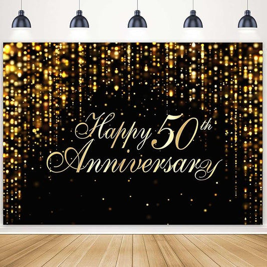 Happy 50th Anniversary Backdrop, 50th Wedding Anniversary Party Banner Black by Ayayiya