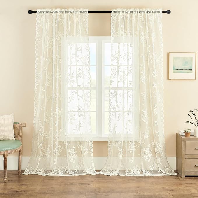 Cream Lace Curtains 45 Inch Length Victorian Floral Sheer Curtains - Image 2