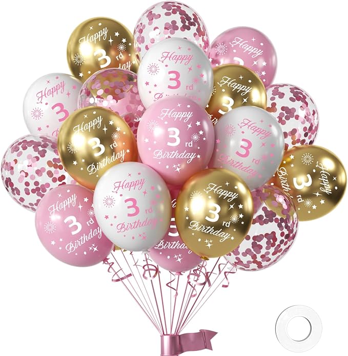Pink 3rd Birthday Balloons for Girls by Hongplus