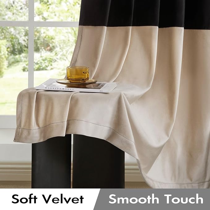 Black Beige Velvet Blackout Curtains Luxury Decor 96 inches, Color Block | - Image 3