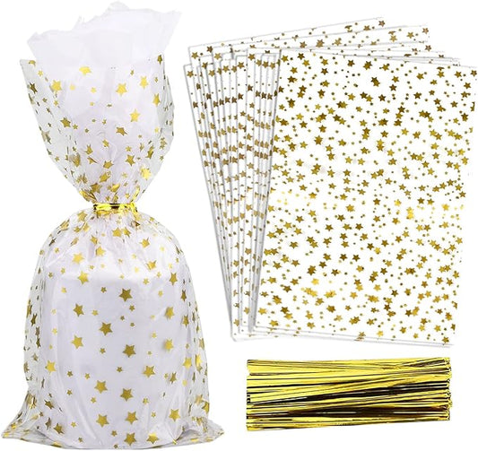 100 Pcs Star Printed 6"X10" Gift Wrap Cello Cellophane Treat Bags Party Favor by COQOFA