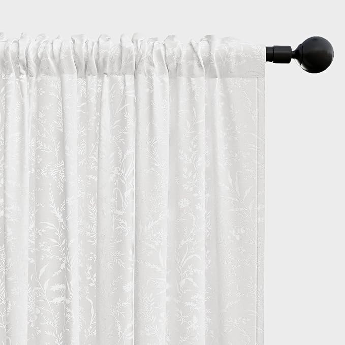 Anmao White Semi Sheer Light Filtering Extra Long Curtains 2 Panels, Leaf - Image 8