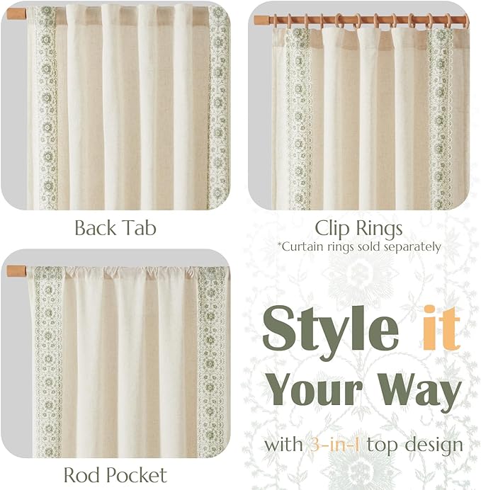 jinchan Floral Linen Curtains Embroidered Back Tab 50x108in 2 Panels Sage | - Image 7