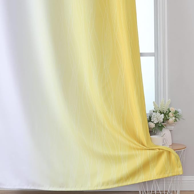 Yellow and Greyish White Gradient Blackout Curtains, Thermal Insulated Ombre - Image 6