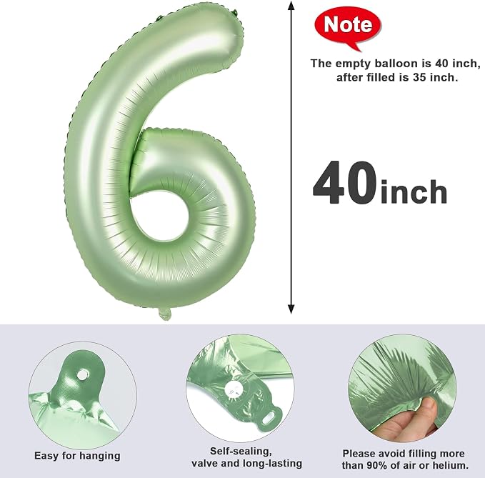 6 Balloon Numbers Birthday Decorations, 40In Sage-Green Balloons - Image 6