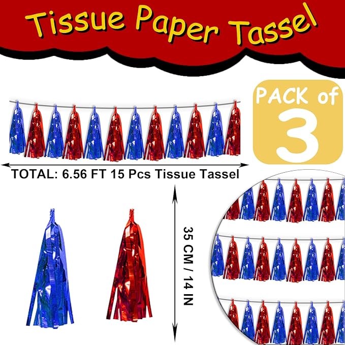 3P Blue Red Tassel Banner Garland Metallic Foil Fringe Banner Tinsel Tassels - Image 2
