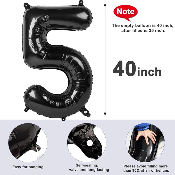 5 Balloon Numbers Party Decorations, 40In Black Balloons - Image 5