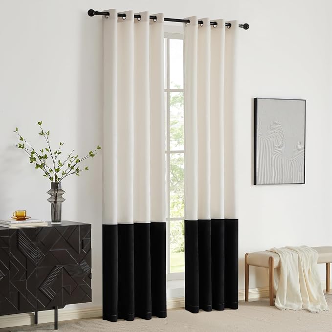 Modern Cream White Black Decorative Velvet Curtains 84 inches 2 Panels | Color - Image 7