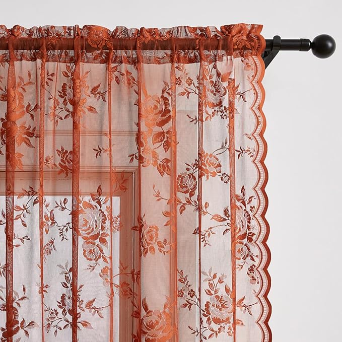 Rust Lace Curtains 72 Inch Length Autumn Country Rustic Floral Curtains - Image 4