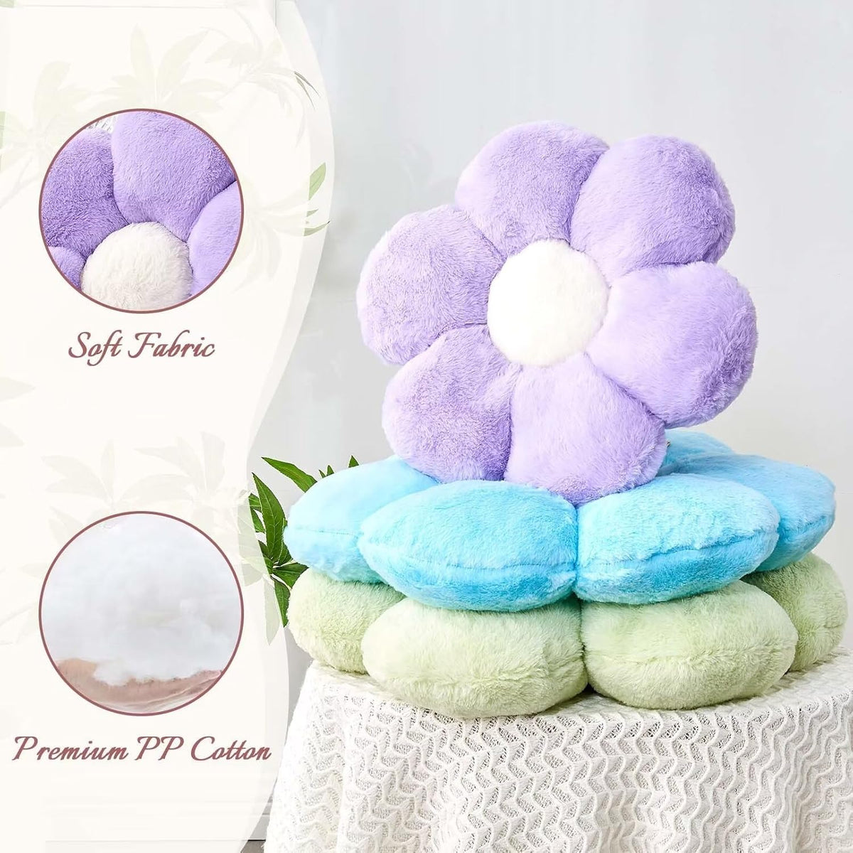 Blue Flower Pillow, Cute Decorative Shaped Throw Pillow With Faux Rabbit Fur, 19.6" Soft Plush Floor Pillows Room Decor for Bedroom Living Room
