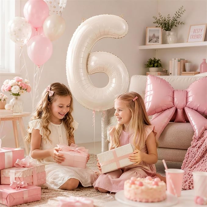 Beige Number 9 Balloons with Pink Bow, 40 Inch Giant Self Inflating Cream Foil - Image 6