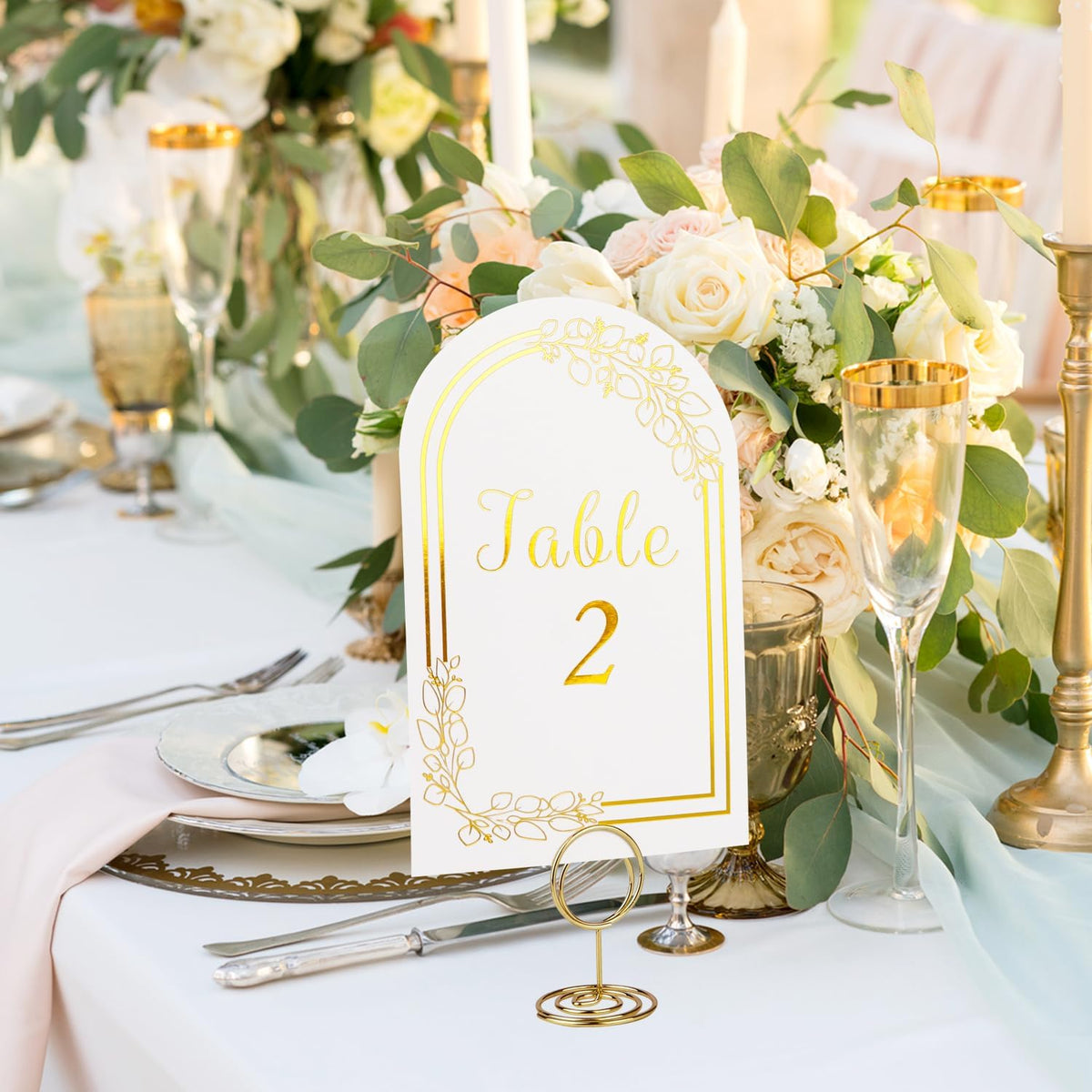 Wedding Table Numbers 1-40, 40 White Gold Cards with 40 Gold TableNumber Holders for Wedding Reception(Card and Holder)