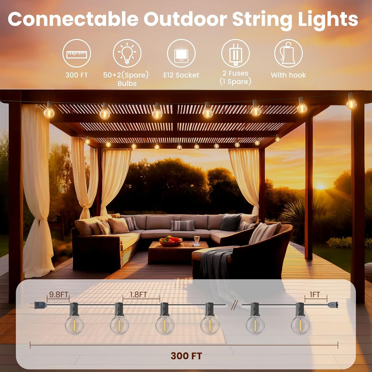 RTTY Outdoor String Lights 300ft, 3 Pack 100ft G40 Led Patio Globe Lights with 52pcs Bulbs,Shatterproof Waterproof Connectable Hanging for Porch Cafe Bistro Backyard Gazebo Balcony Deck Party
